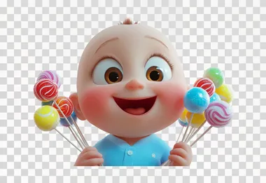 A cute baby, wearing a blue shirt, big beautiful eyes, smiling mouth, The baby has short hair and is bald on the top of their head. the baby is holding a lot of colorful lollipops, the baby is very happy, full body, white background, in the style of Pixar's cartoon style, 3D animation, High resolution, high detail, high quality