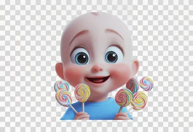 A cute baby, wearing a blue shirt, big beautiful eyes, smiling mouth, The baby has short hair and is bald on the top of their head. the baby is holding a lot of colorful lollipops, the baby is very happy, full body, white background, in the style of Pixar's cartoon style, 3D animation, High resolution, high detail, high quality