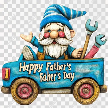 A cartoon-style wooden sculpture of a playful gnome with a blue striped hat, sitting in a blue truck with tools in the back. The truck has bold, bright colors, and the words "Happy Father's Day" are painted in a fun, playful font. The tools are simplified and stylized, and the gnome has exaggerated features. White background.