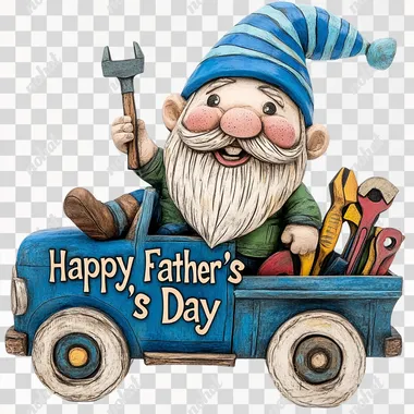 A cartoon-style wooden sculpture of a playful gnome with a blue striped hat, sitting in a blue truck with tools in the back. The truck has bold, bright colors, and the words "Happy Father's Day" are painted in a fun, playful font. The tools are simplified and stylized, and the gnome has exaggerated features. White background.