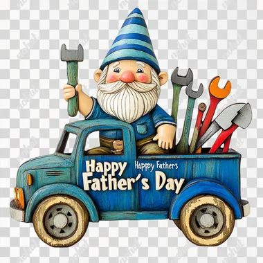 A cartoon-style wooden sculpture of a playful gnome with a blue striped hat, sitting in a blue truck with tools in the back. The truck has bold, bright colors, and the words "Happy Father's Day" are painted in a fun, playful font. The tools are simplified and stylized, and the gnome has exaggerated features. White background.