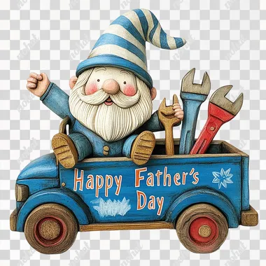 A cartoon-style wooden sculpture of a playful gnome with a blue striped hat, sitting in a blue truck with tools in the back. The truck has bold, bright colors, and the words "Happy Father's Day" are painted in a fun, playful font. The tools are simplified and stylized, and the gnome has exaggerated features. White background.