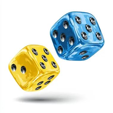 a high quality realistic graphic novel iulluatration of two blue and yellow dice mid-air, sharp outlines, clean white background