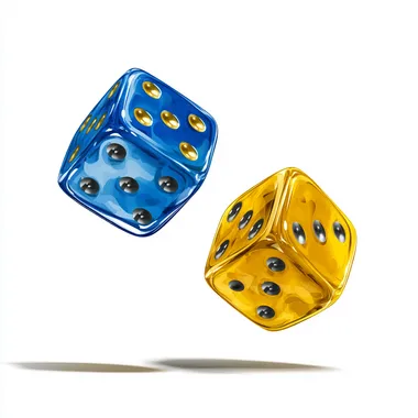 a high quality realistic graphic novel iulluatration of two blue and yellow dice mid-air, sharp outlines, clean white background
