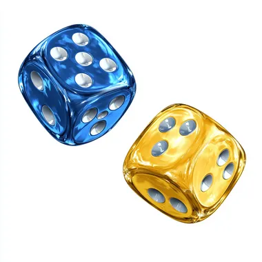 a high quality realistic graphic novel iulluatration of two blue and yellow dice mid-air, sharp outlines, clean white background
