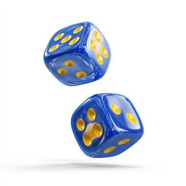 a high quality realistic graphic novel iulluatration of two blue and yellow dice mid-air, sharp outlines, clean white background