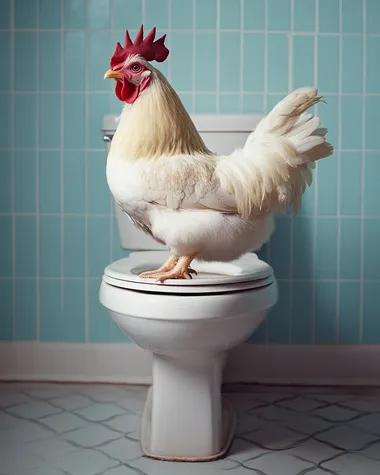 a straight-on photo of a chicken sitting on a toilet, looking straight into the camera. The bathroom is clean, blue and feminine.