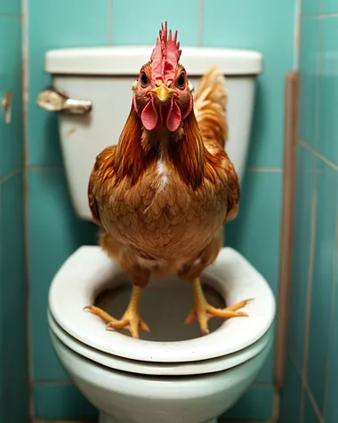 a straight-on photo of a chicken sitting on a toilet, looking straight into the camera. The bathroom is clean, blue and feminine.