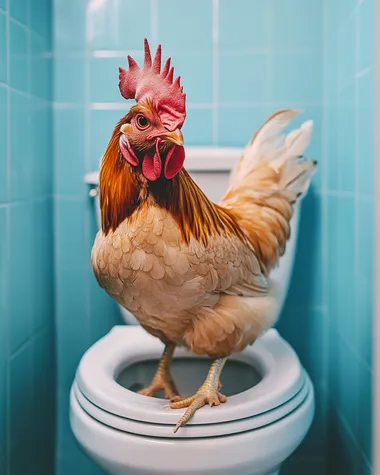 a straight-on photo of a chicken sitting on a toilet, looking straight into the camera. The bathroom is clean, blue and feminine.