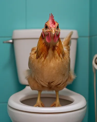 a straight-on photo of a chicken sitting on a toilet, looking straight into the camera. The bathroom is clean, blue and feminine.