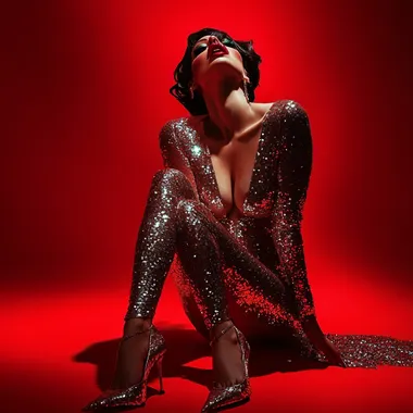 photo of a woman in a glam attire with high heels. red background