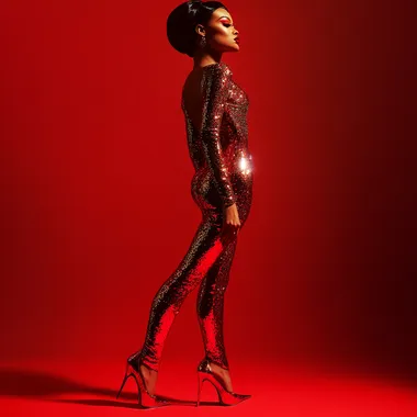 photo of a woman in a glam attire with high heels. red background