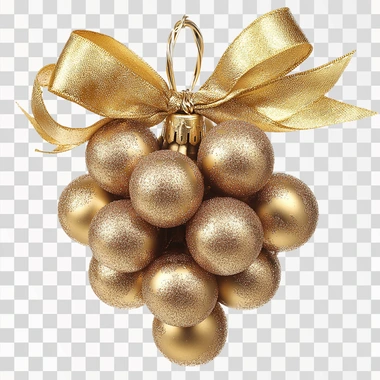 photographic image of a cluster of gold decorative Christmas balls tied together with ribbon and bow reminiscent of grapes, no background
