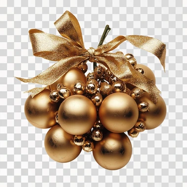photographic image of a cluster of gold decorative Christmas balls tied together with ribbon and bow reminiscent of grapes, no background