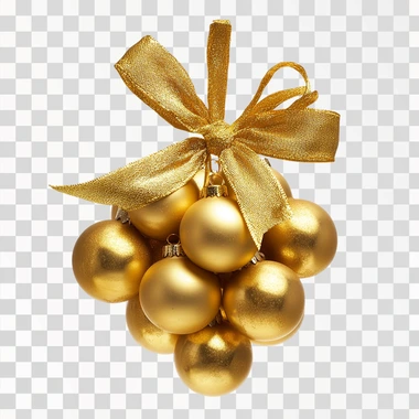 photographic image of a cluster of gold decorative Christmas balls tied together with ribbon and bow reminiscent of grapes, no background