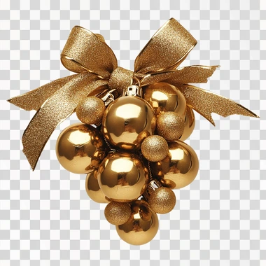 photographic image of a cluster of gold decorative Christmas balls tied together with ribbon and bow reminiscent of grapes, no background