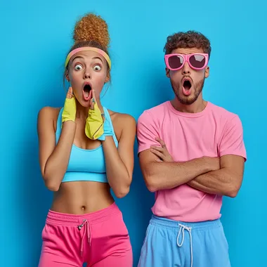 amazed young woman, sportswear, young gen z guy