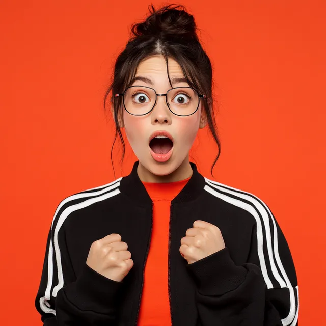 a woman with glasses making a surprised face