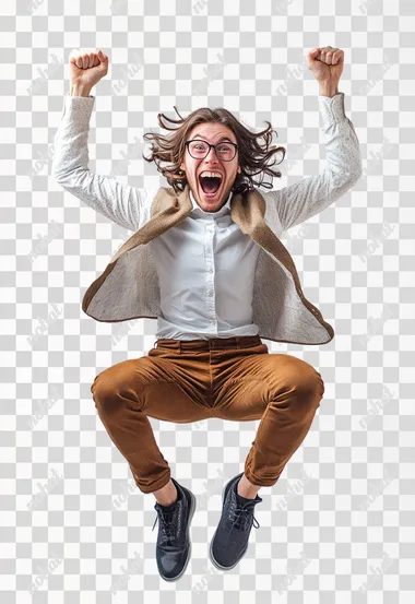 we see a teacher on a white background jumping up in joyful madness.