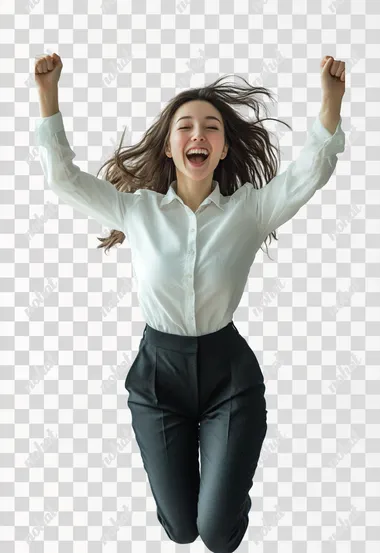 we see a teacher on a white background jumping up in joyful madness.