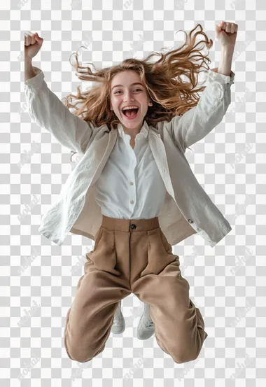 we see a teacher on a white background jumping up in joyful madness.