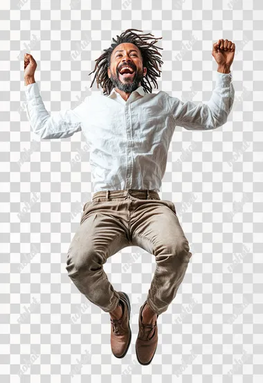 we see a teacher on a white background jumping up in joyful madness.