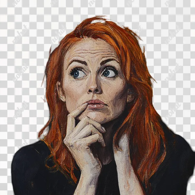 PNG A comical portrait of a 40-something woman with red hair in her home