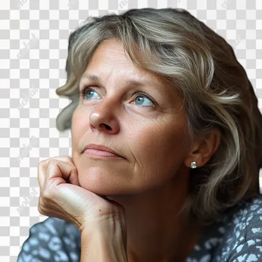a 40 something woman pondering a question (looking slightly comical)