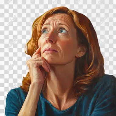 a 40 something woman pondering a question (looking slightly comical)