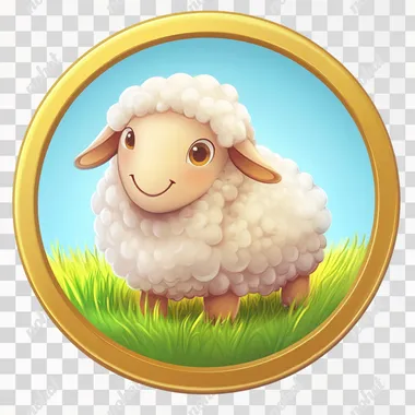 Create an image of a single badge with a gold thin round border. The badge should contain a complete, well-composed image of a sheep as the main object. The sheep should have a smooth, playful, and cartoonish CG style, with vibrant tones and clean, bold outlines typical of casual, relaxed games. The texture should be simple but polished, avoiding an overly detailed or realistic style.The background color is a contrasting color of sheep, make sure the background color is not black or white. Ensure the overall composition is light-hearted and visually engaging, with soft gradients or subtle color variations to keep it fun and appealing (fast)