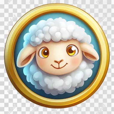 Create an image of a single badge with a gold thin round border. The badge should contain a complete, well-composed image of a sheep as the main object. The sheep should have a smooth, playful, and cartoonish CG style, with vibrant tones and clean, bold outlines typical of casual, relaxed games. The texture should be simple but polished, avoiding an overly detailed or realistic style.The background color is a contrasting color of sheep, make sure the background color is not black or white. Ensure the overall composition is light-hearted and visually engaging, with soft gradients or subtle color variations to keep it fun and appealing (fast)
