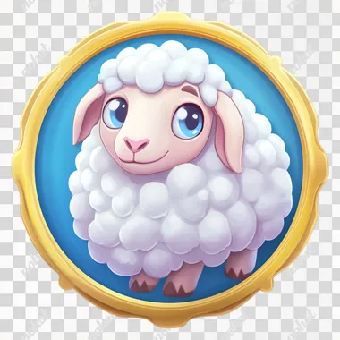 Create an image of a single badge with a gold thin round border. The badge should contain a complete, well-composed image of a sheep as the main object. The sheep should have a smooth, playful, and cartoonish CG style, with vibrant tones and clean, bold outlines typical of casual, relaxed games. The texture should be simple but polished, avoiding an overly detailed or realistic style.The background color is a contrasting color of sheep, make sure the background color is not black or white. Ensure the overall composition is light-hearted and visually engaging, with soft gradients or subtle color variations to keep it fun and appealing (fast)