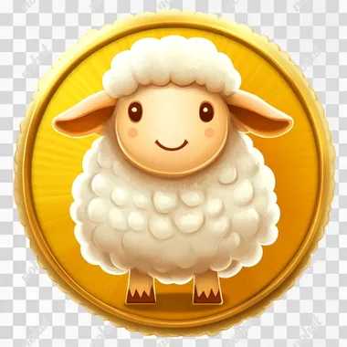 Create an image of a single badge with a gold thin round border. The badge should contain a complete, well-composed image of a sheep as the main object. The sheep should have a smooth, playful, and cartoonish CG style, with vibrant tones and clean, bold outlines typical of casual, relaxed games. The texture should be simple but polished, avoiding an overly detailed or realistic style.The background color is a contrasting color of sheep, make sure the background color is not black or white. Ensure the overall composition is light-hearted and visually engaging, with soft gradients or subtle color variations to keep it fun and appealing (fast)