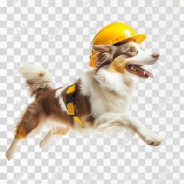 super happy dog running with yellow worker helmet, side view of dog on white background --s 50