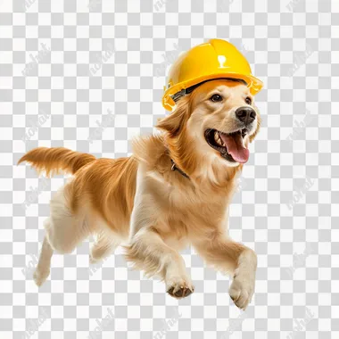 super happy dog running with yellow worker helmet, side view of dog on white background --s 50