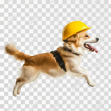 super happy dog running with yellow worker helmet, side view of dog on white background --s 50