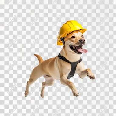 super happy dog running with yellow worker helmet, side view of dog on white background --s 50