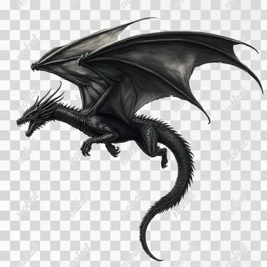 side view of D&D style medieval flying black dragon horizontally on all white background