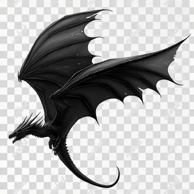 side view of D&D style medieval flying black dragon horizontally on all white background