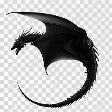 side view of D&D style medieval flying black dragon horizontally on all white background