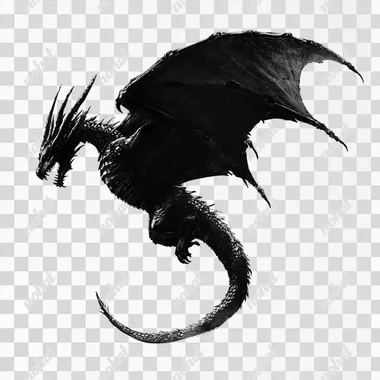 side view of D&D style medieval flying black dragon horizontally on all white background