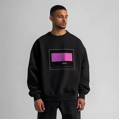 imagine print for textile sweatshirt using as a main theme "glitch" on a black washed sweatshirt, oversized fit and round neck collar, worn by a man in black baggy jeans, white background, streetwear style, high-resolution photography