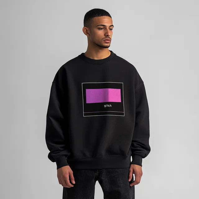 Man in Oversized Black Sweatshirt with Pink Glitch Print, Urban Style