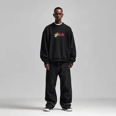 imagine print for textile sweatshirt using as a main theme "glitch" on a black washed sweatshirt, oversized fit and round neck collar, worn by a man in black baggy jeans, white background, streetwear style, high-resolution photography