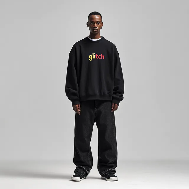 Man in Oversized Black Glitch Sweatshirt and Baggy Jeans, Streetwear Style
