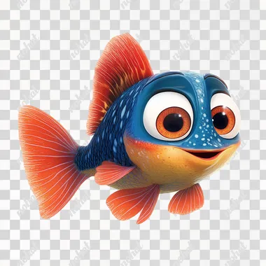 Create a vibrant, Pixar-style fish named 'Don Pepe' with a unique and cheerful personality. The fish should be colorful, with a mix of bright blues, oranges, and yellows, and have large, expressive eyes looking directly at the camera. Its body should be slightly rounded with smooth, flowing fins that add a sense of movement. The design should be simple yet distinctive, making 'Don Pepe' easily identifiable across different printing formats, including t-shirts, hats, hoodies, and towels. The image should be set against a clean white background, with a friendly, super happy and approachable expression, ensuring versatility for various merchandise.