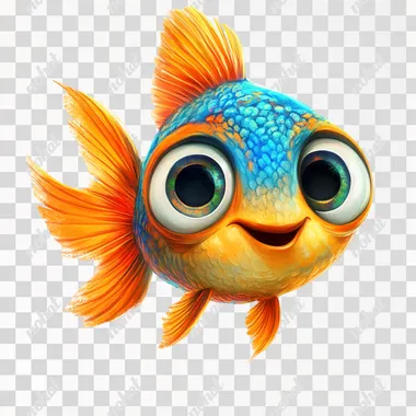 Create a vibrant, Pixar-style fish named 'Don Pepe' with a unique and cheerful personality. The fish should be colorful, with a mix of bright blues, oranges, and yellows, and have large, expressive eyes looking directly at the camera. Its body should be slightly rounded with smooth, flowing fins that add a sense of movement. The design should be simple yet distinctive, making 'Don Pepe' easily identifiable across different printing formats, including t-shirts, hats, hoodies, and towels. The image should be set against a clean white background, with a friendly, super happy and approachable expression, ensuring versatility for various merchandise.