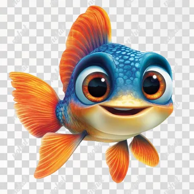 Create a vibrant, Pixar-style fish named 'Don Pepe' with a unique and cheerful personality. The fish should be colorful, with a mix of bright blues, oranges, and yellows, and have large, expressive eyes looking directly at the camera. Its body should be slightly rounded with smooth, flowing fins that add a sense of movement. The design should be simple yet distinctive, making 'Don Pepe' easily identifiable across different printing formats, including t-shirts, hats, hoodies, and towels. The image should be set against a clean white background, with a friendly, super happy and approachable expression, ensuring versatility for various merchandise.