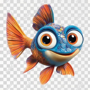 Create a vibrant, Pixar-style fish named 'Don Pepe' with a unique and cheerful personality. The fish should be colorful, with a mix of bright blues, oranges, and yellows, and have large, expressive eyes looking directly at the camera. Its body should be slightly rounded with smooth, flowing fins that add a sense of movement. The design should be simple yet distinctive, making 'Don Pepe' easily identifiable across different printing formats, including t-shirts, hats, hoodies, and towels. The image should be set against a clean white background, with a friendly, super happy and approachable expression, ensuring versatility for various merchandise.