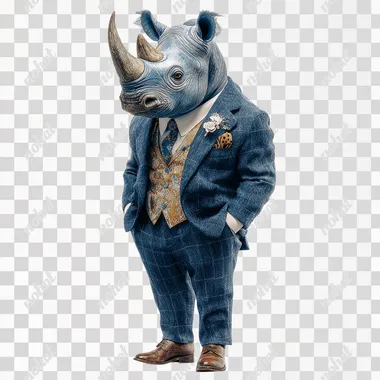 a blue rhino at a wedding, fancy clothes, white background, 4k, photorealistic